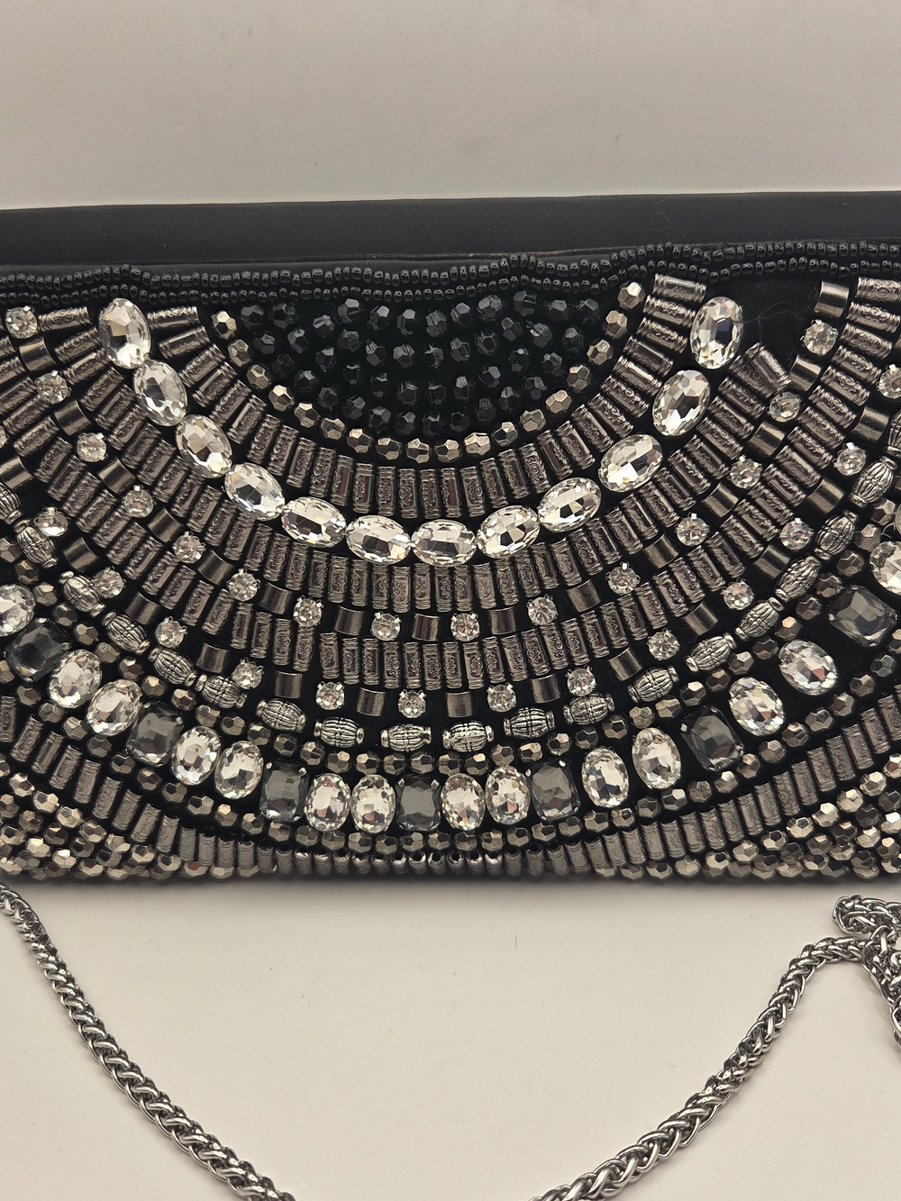 Beaded Black Evening Clutch with Silver Crystal Detail